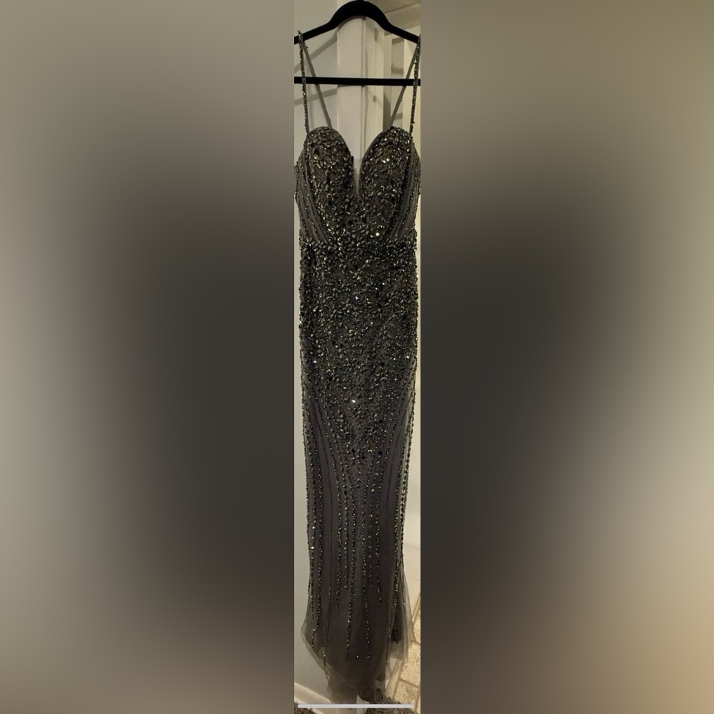 Tiffany Designs Gunmetal Gray and Silver Beaded Gown NWT